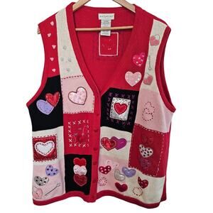 Vintage White Stag Valentines Sweater Vest Women XL Red 90s Hearts Love Granny